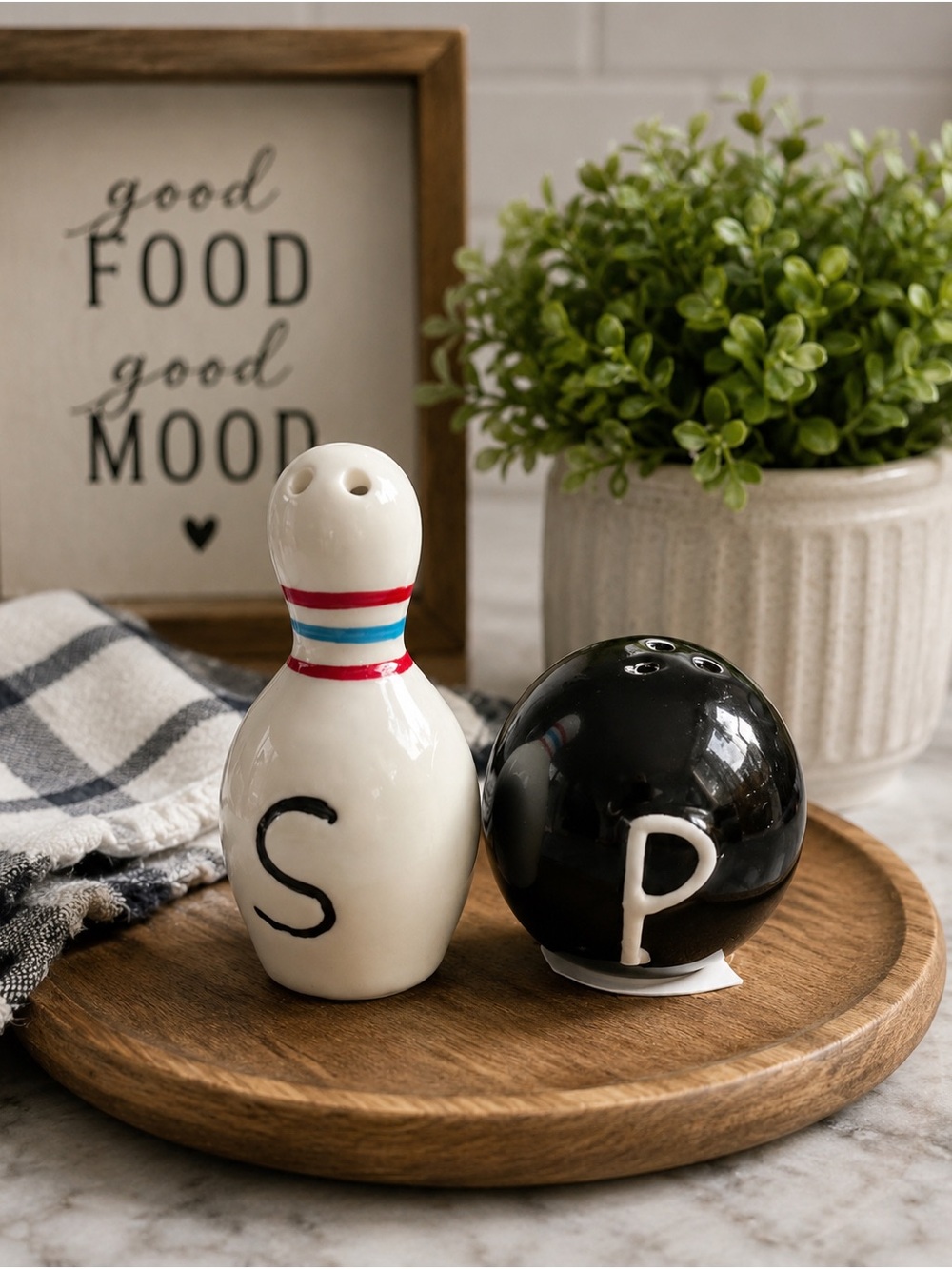 Mini Ceramic Bowling Pin Salt & Black Ball Pepper Shakers - White & Black